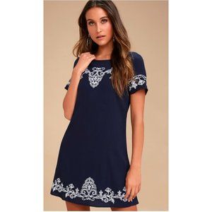 Lulus Tale to Tell White and Navy Blue Shift Dress